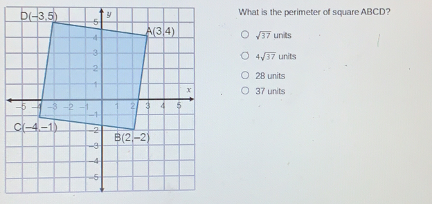 What is the perimeter of square ABCD? square root of 37 units 4 square root of 37 units 28 units 37 units