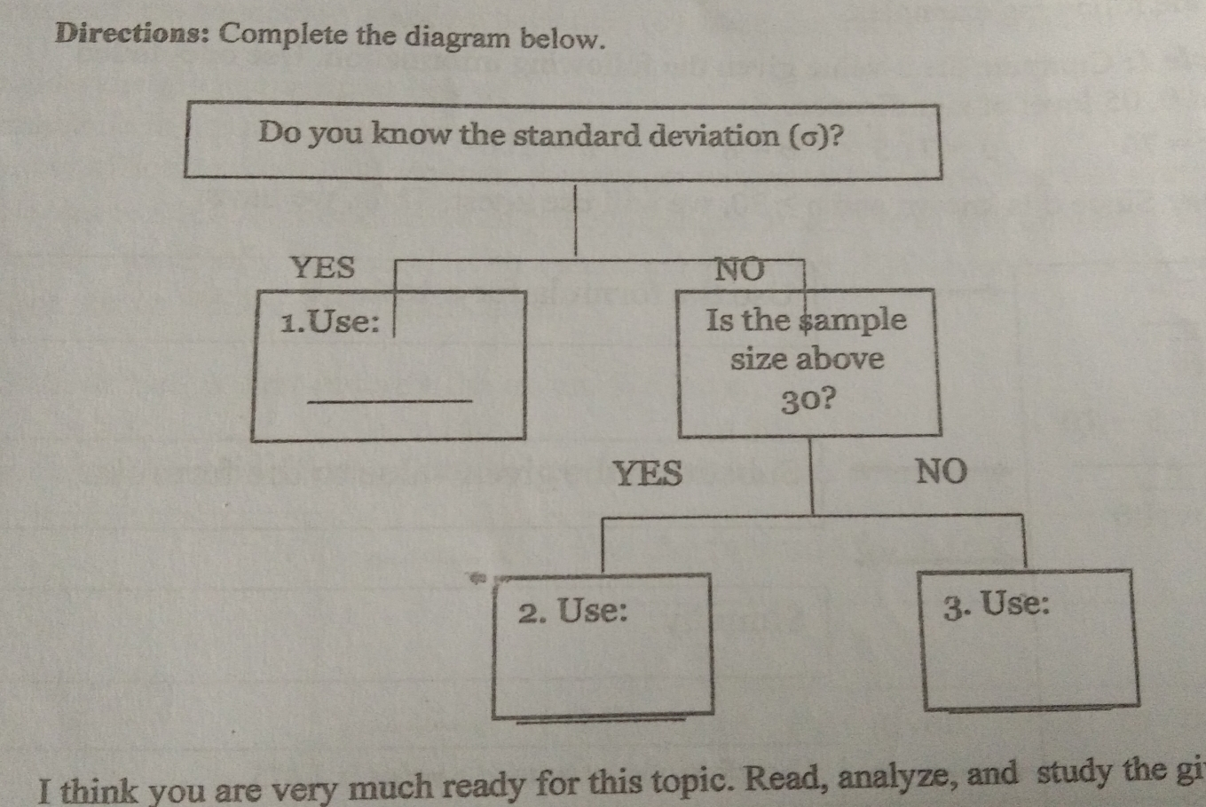 Directions: Complete the diagram below. Do you know the standard deviation σ? YES NO 1.Use: Is the $ample size above _ 30? YES NO 2. Use: 3. Use: I think you are very much ready for this topic. Read, analyze, and study the gi