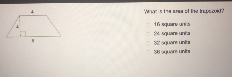 What is the area of the trapezoid? 16 square units 24 square units 32 square units 36 square units