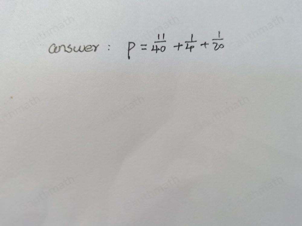 In a freshman high school class of 80 students, 22 students take Consumer Education, 20 students take French, and 4' students take both. Which equation can be used to find the probability, P, that a randomly selected student from this class takes Consumer Education, French, or both? P= 11/40 + 1/4 + 1/20 P= 11/40 + 1/4 - 1/20 P= 11/40 + 1/4 - 1/10 P= 11/40 + 1/4