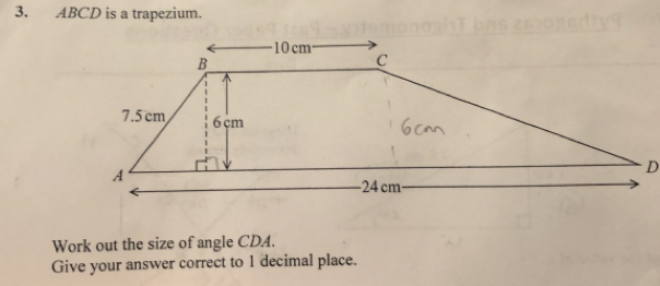 3. ABCD is a trapezium. Work out the size of angle CDA. Give your answer correct to 1 decimal place.