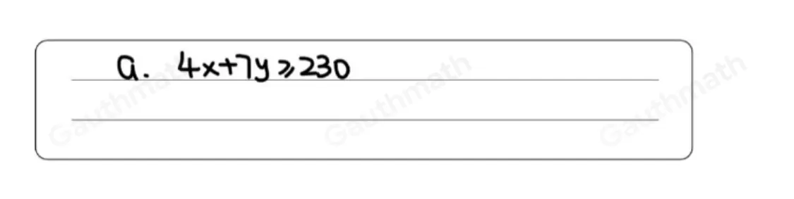 19 Bam bought 4 mangoes and 7 guavas. The total amount she paid was at least Php 230. If x represents the cost of each mango and y the cost for each guava, which of the following mathematicall statements represents the given situation? A. 4x+7y ≥ q 230 B. 4x+7y ≤ q 230 C. 4x+7y>230 D. 4x+7y<230