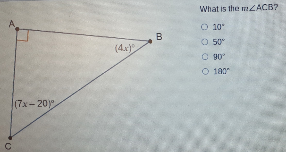 What is the mangle ACB ? 10 ° 50 ° 90 ° 180 °