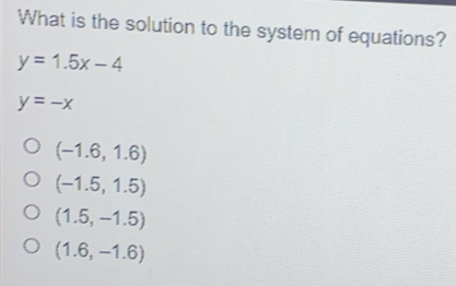 What is the solution to the system of equations? y=1.5x-4 y=-x -1.6,1.6 -1.5,1.5 1.5,-1.5 1.6,-1.6