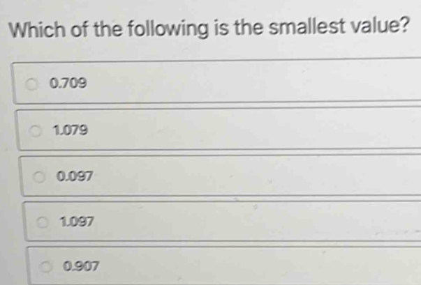 Which of the following is the smallest value? 0.709 1.079 0.097 1.097 0.907